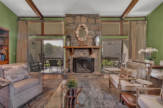 55 Toxaway Shrs Unit 14, Lake Toxaway, NC 28747 - living area featuring a fireplace and beamed ceiling