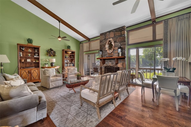 55 Toxaway Shrs Unit 14, Lake Toxaway, NC 28747 - living area with a ceiling fan, beam ceiling, wood finished floors, high vaulted ceiling, and a stone fireplace