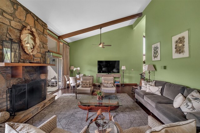 55 Toxaway Shrs Unit 14, Lake Toxaway, NC 28747 - living room featuring wood finished floors, beamed ceiling, ceiling fan, a fireplace, and high vaulted ceiling