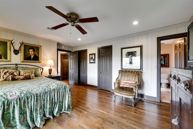 515 Stillmont Cir, Cashiers, NC 28717 - bedroom featuring ornamental molding, dark wood-style flooring, two closets, ensuite bathroom, and recessed lighting
