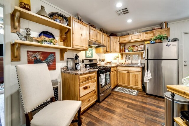 515 Stillmont Cir, Cashiers, NC 28717 - kitchen with appliances with stainless steel finishes, open shelves, under cabinet range hood, dark wood finished floors, and light stone counters