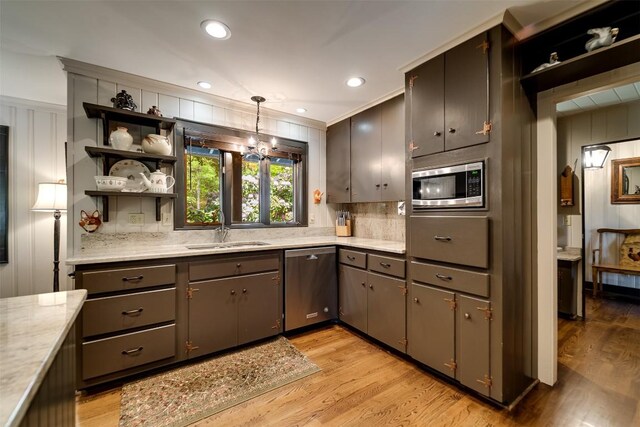 515 Stillmont Cir, Cashiers, NC 28717 - kitchen featuring appliances with stainless steel finishes, a sink, open shelves, decorative backsplash, and light wood-type flooring