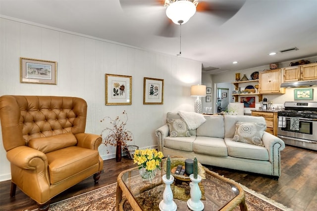 515 Stillmont Cir, Cashiers, NC 28717 - living room featuring dark wood-style flooring, a ceiling fan, recessed lighting, and baseboards