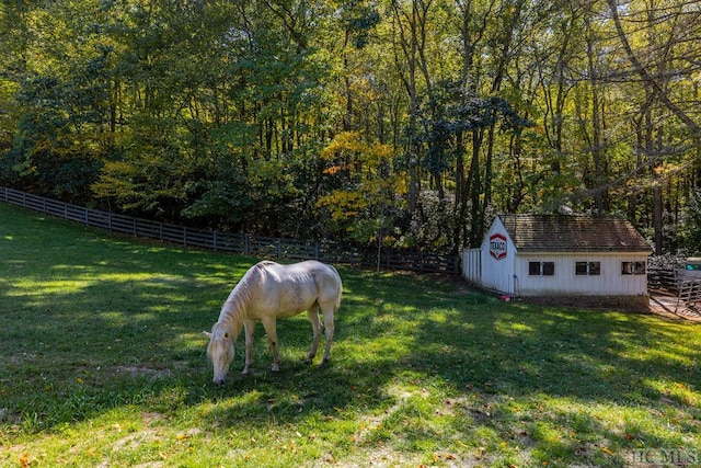 view of yard featuring a shed and a rural view