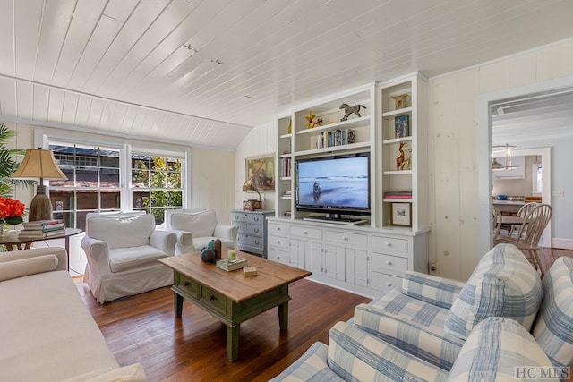 living room featuring built in shelves, wood-type flooring, and wooden ceiling