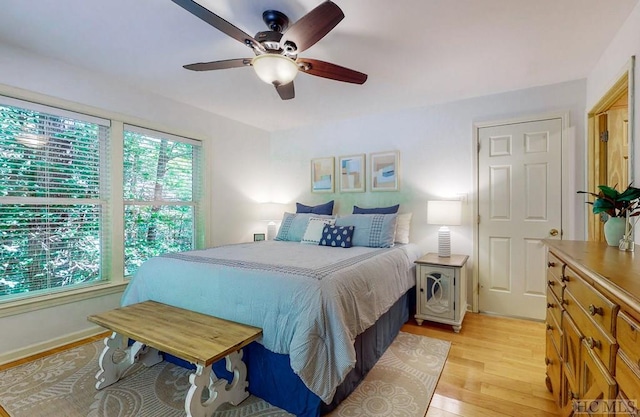 bedroom featuring ceiling fan, light hardwood / wood-style floors, and multiple windows