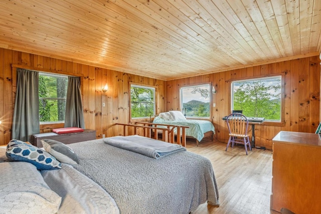 bedroom with wood ceiling, multiple windows, wooden walls, and wood finished floors