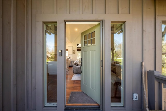 property entrance with board and batten siding