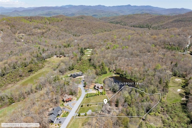 aerial view featuring a water and mountain view and a wooded view
