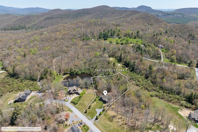 aerial view with a view of trees and a mountain view
