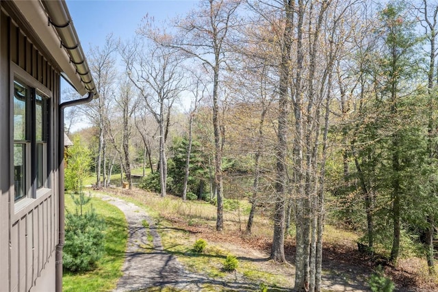 view of yard with a forest view