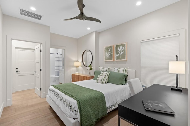 1077 Hicks Rd Unit A, Highlands, NC 28741 - bedroom with light wood-type flooring, recessed lighting, connected bathroom, and ceiling fan