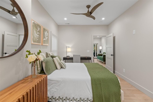 1077 Hicks Rd Unit A, Highlands, NC 28741 - bedroom with light wood-type flooring, recessed lighting, baseboards, and ceiling fan