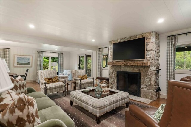 358 Jodytown Rd, Cashiers, NC 28717 - living area with wood finished floors, baseboards, a fireplace, and recessed lighting