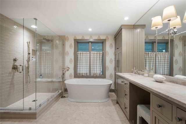 358 Jodytown Rd, Cashiers, NC 28717 - bathroom featuring a stall shower, vanity, a soaking tub, and recessed lighting