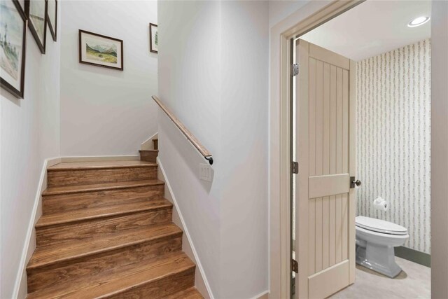358 Jodytown Rd, Cashiers, NC 28717 - stairway with wallpapered walls and baseboards