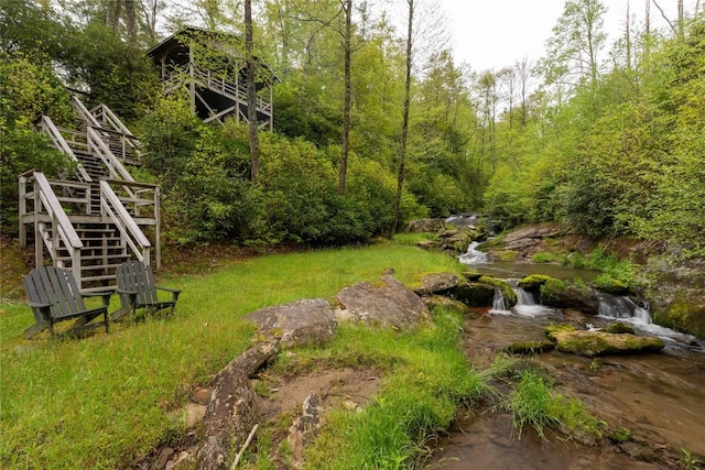 358 Jodytown Rd, Cashiers, NC 28717 - view of yard featuring stairs and a forest view