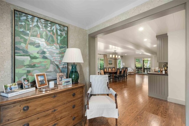 358 Jodytown Rd, Cashiers, NC 28717 - sitting room featuring wallpapered walls, wood finished floors, a chandelier, recessed lighting, and baseboards