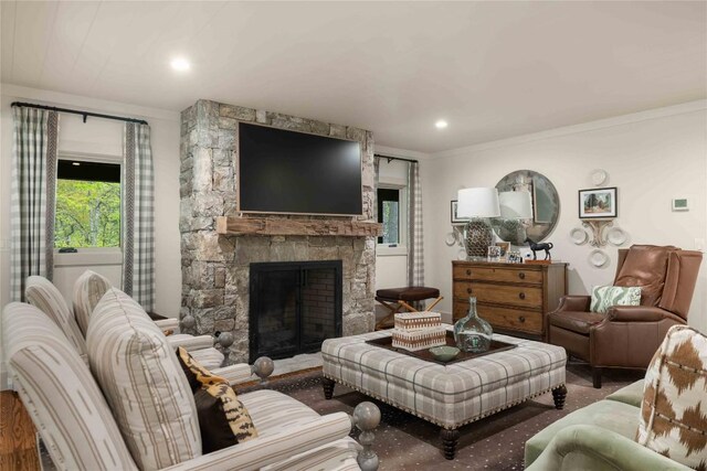 358 Jodytown Rd, Cashiers, NC 28717 - living room with healthy amount of natural light, a fireplace, recessed lighting, and crown molding