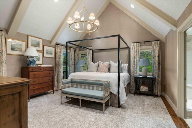 358 Jodytown Rd, Cashiers, NC 28717 - bedroom featuring beam ceiling, a chandelier, carpet, and high vaulted ceiling