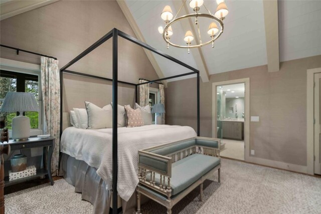 358 Jodytown Rd, Cashiers, NC 28717 - carpeted bedroom with a chandelier, baseboards, and ensuite bath