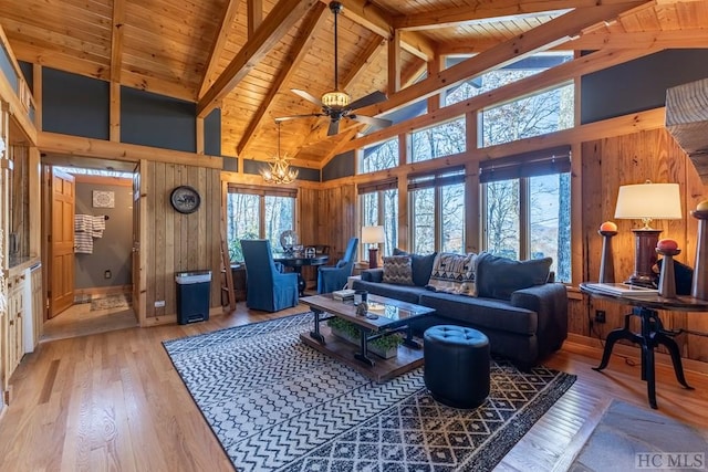 living room featuring wood ceiling, light hardwood / wood-style flooring, high vaulted ceiling, and wooden walls