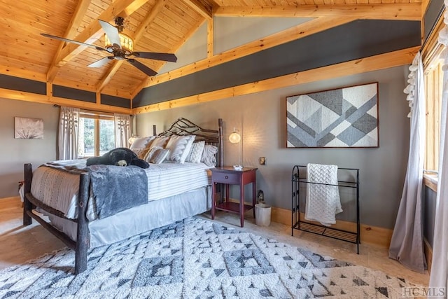 bedroom with high vaulted ceiling, beamed ceiling, wooden ceiling, and ceiling fan