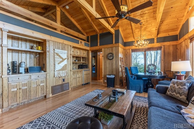 living room featuring built in features, high vaulted ceiling, wood walls, wood ceiling, and light hardwood / wood-style flooring