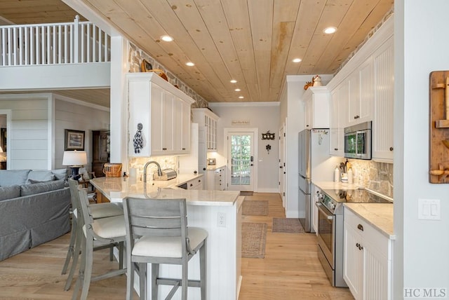 kitchen featuring wood ceiling, appliances with stainless steel finishes, white cabinets, a kitchen bar, and decorative backsplash