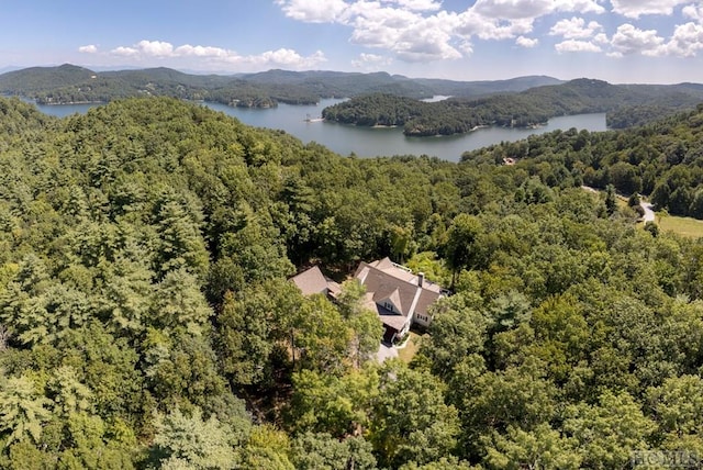 drone / aerial view featuring a water and mountain view