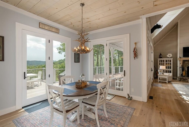 dining room with a notable chandelier, light hardwood / wood-style floors, and wood ceiling