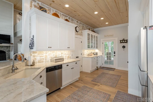 kitchen featuring sink, wood ceiling, dishwasher, light stone countertops, and white cabinets