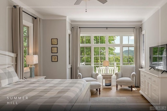 bedroom with wood-type flooring and ceiling fan