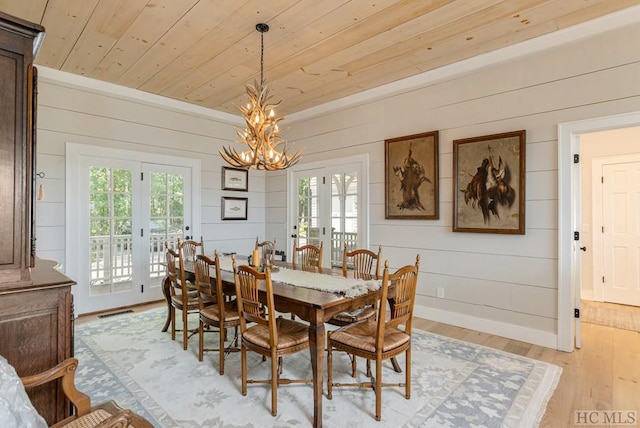 dining room with an inviting chandelier, wood ceiling, light hardwood / wood-style floors, and wood walls