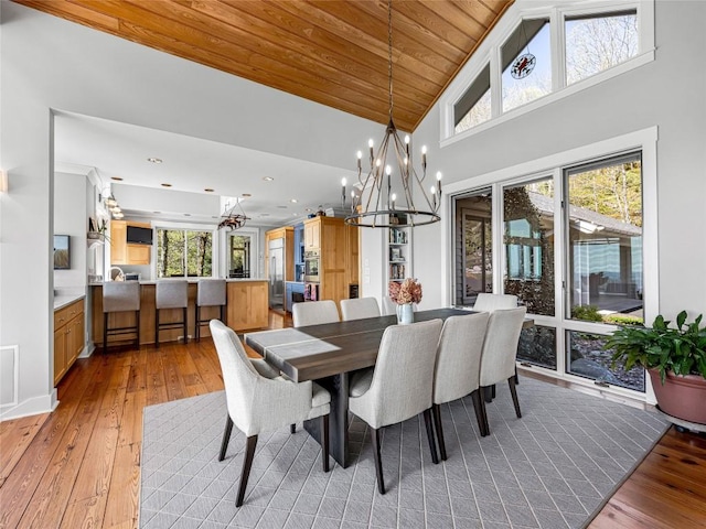 199 Mills Creek Point Rd, Lake Toxaway, NC 28747 - dining room featuring wood ceiling, light wood finished floors, high vaulted ceiling, and a chandelier