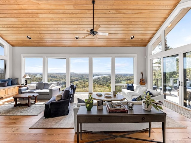 199 Mills Creek Point Rd, Lake Toxaway, NC 28747 - living room featuring a ceiling fan, vaulted ceiling, wooden ceiling, and light wood-style flooring