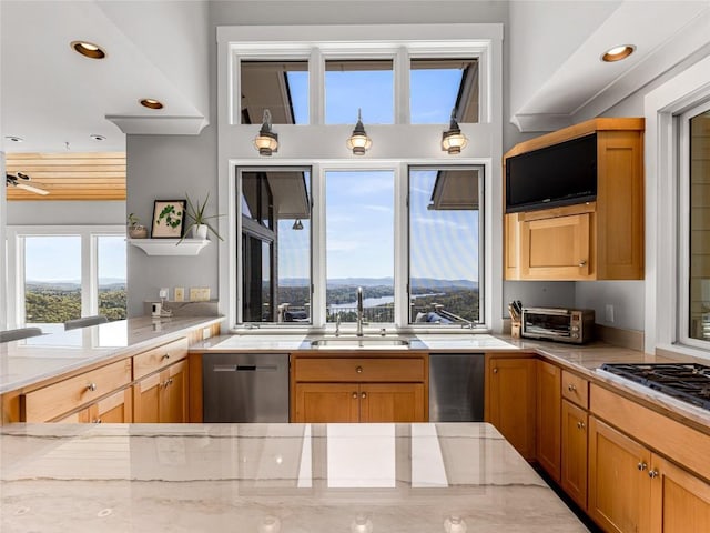 199 Mills Creek Point Rd, Lake Toxaway, NC 28747 - kitchen with appliances with stainless steel finishes, light stone countertops, a sink, a toaster, and recessed lighting