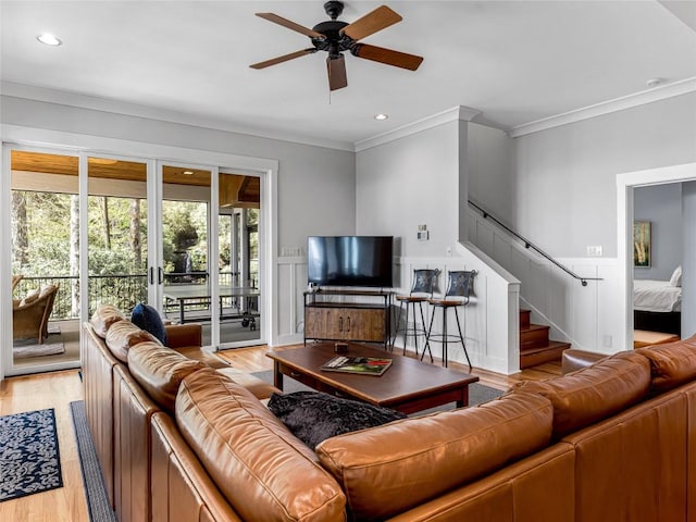199 Mills Creek Point Rd, Lake Toxaway, NC 28747 - living area featuring ceiling fan, light wood finished floors, stairs, recessed lighting, and ornamental molding