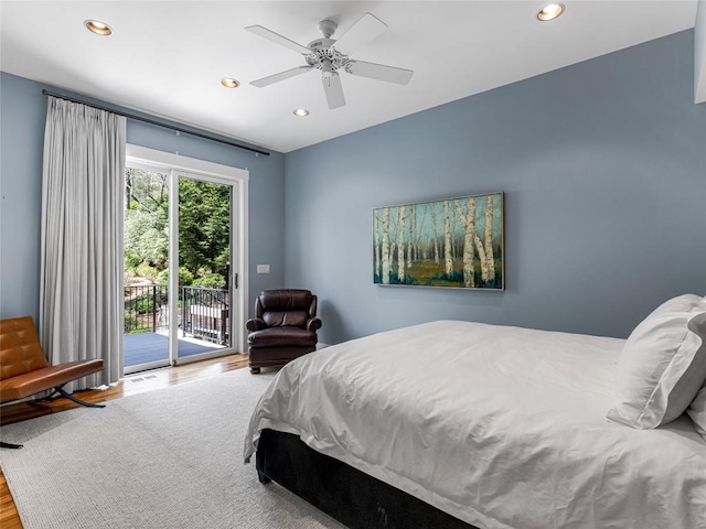 199 Mills Creek Point Rd, Lake Toxaway, NC 28747 - bedroom featuring recessed lighting, ceiling fan, wood finished floors, and access to exterior