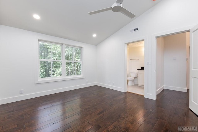 unfurnished room featuring ceiling fan, dark hardwood / wood-style flooring, and high vaulted ceiling