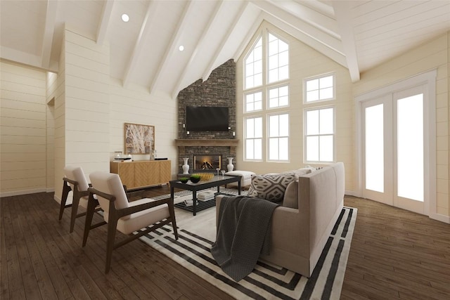 523 Broadview Dr, Highlands, NC 28741 - living room with hardwood / wood-style flooring, beamed ceiling, a stone fireplace, and high vaulted ceiling
