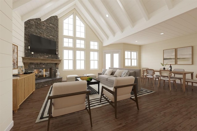 523 Broadview Dr, Highlands, NC 28741 - living room featuring a stone fireplace, beamed ceiling, plenty of natural light, dark wood-style floors, and high vaulted ceiling
