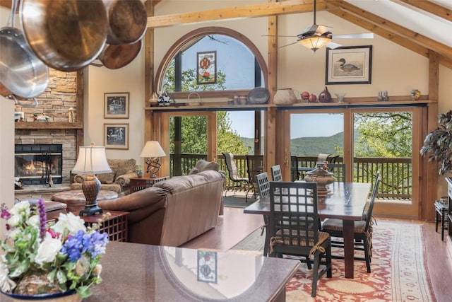 169 Heather View Ln, Sapphire, NC 28774 - living room with wood finished floors, a stone fireplace, and high vaulted ceiling