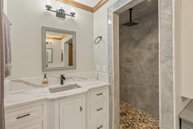 3398 Cullowhee Forest Rd, Cullowhee, NC 28723 - bathroom with ornamental molding, a marble finish shower, and vanity