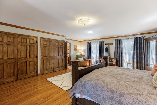 3398 Cullowhee Forest Rd, Cullowhee, NC 28723 - bedroom with multiple windows, ornamental molding, light wood finished floors, and two closets