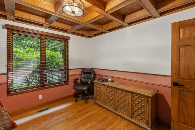 3398 Cullowhee Forest Rd, Cullowhee, NC 28723 - office featuring light wood-style flooring, coffered ceiling, and a wood ceiling with exposed beams