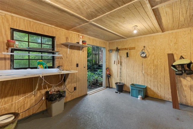 3398 Cullowhee Forest Rd, Cullowhee, NC 28723 - misc room with wooden ceiling, wood walls, and concrete flooring