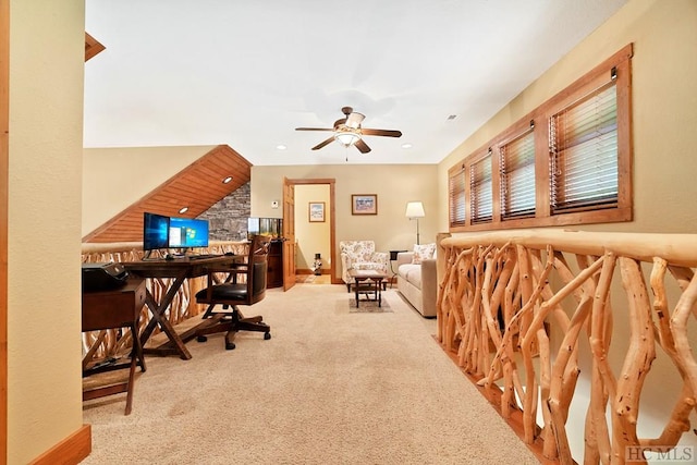 carpeted office with ceiling fan