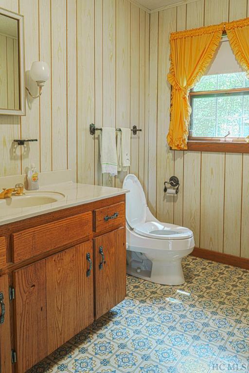 bathroom featuring wood walls, vanity, and toilet