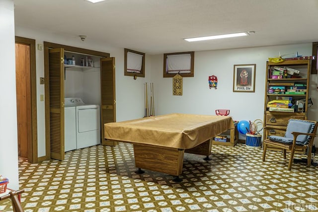 recreation room with washer and dryer and billiards